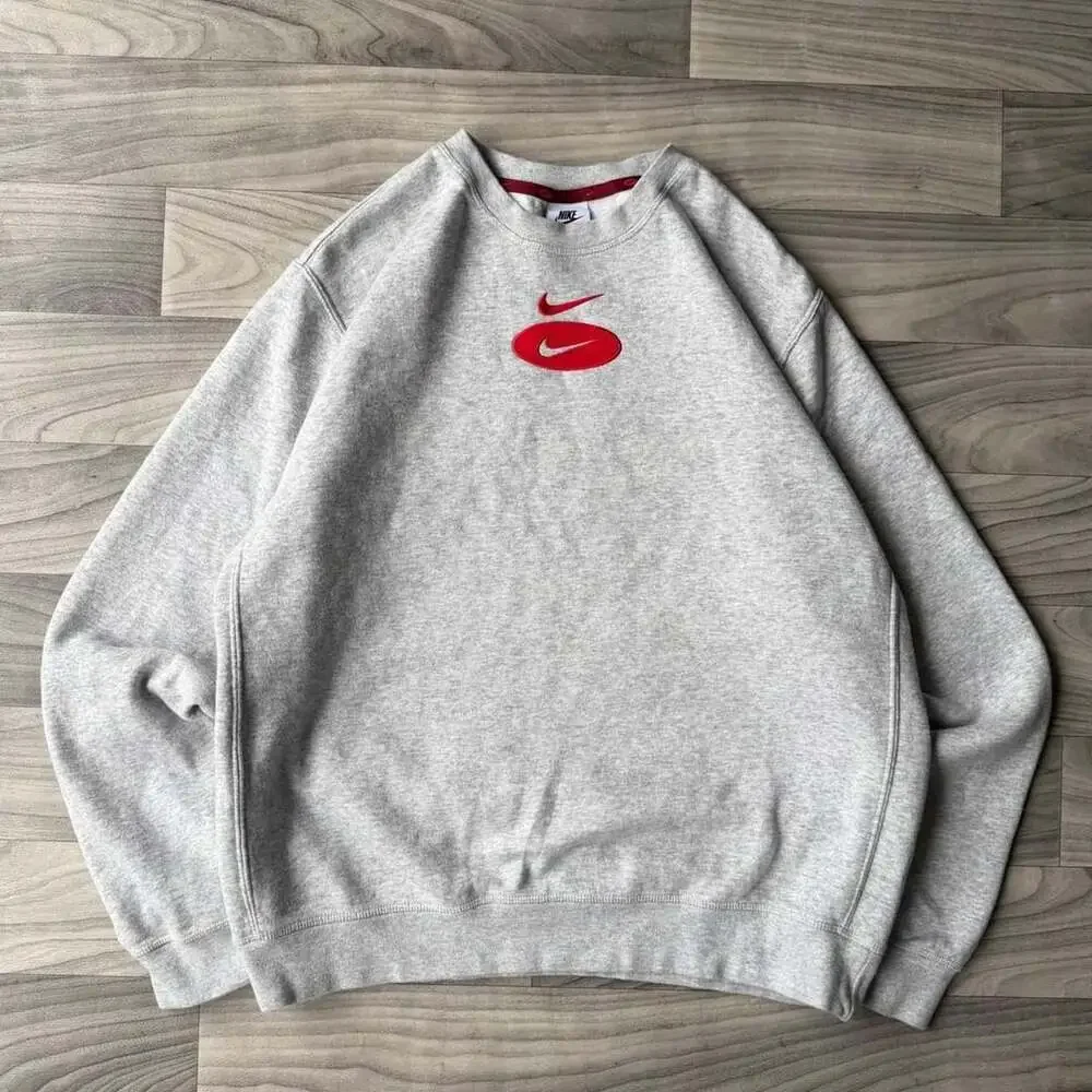 Nike Center Swoosh Crewneck Sweatshirt Size M Grey Red Y2K